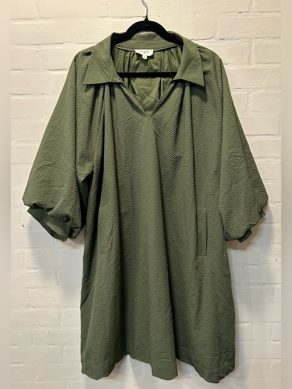Umgee Olive Textured Balloon Sleeve Scalloped Hem Tunic Dress 1XL Lagenlook